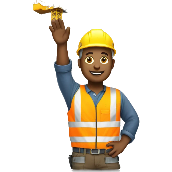 Construction worker waving to camera and standing on top of crane emoji