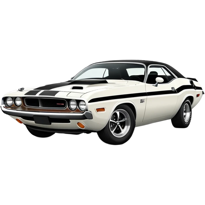 White 1971 Dodge Challenger muscle car with black racing stripes, minimalist style, vintage American muscle car, similar to the one from Death Proof movie emoji