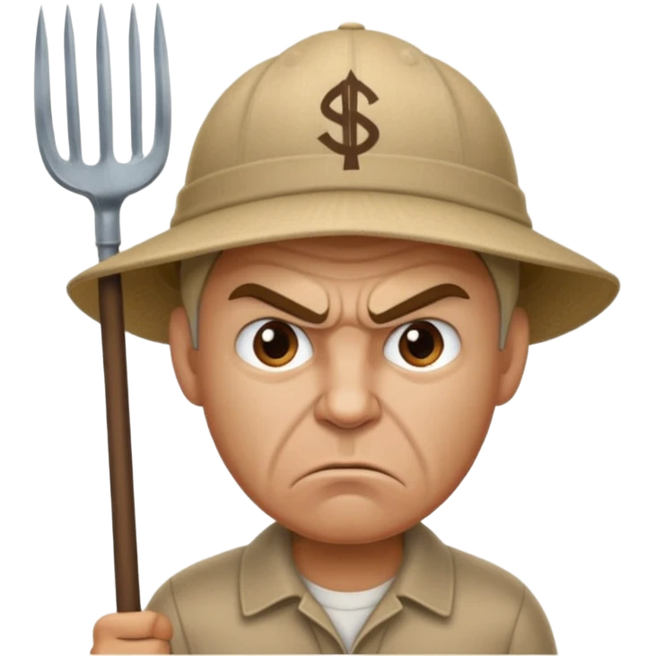 Angry man with a pitchfork and a cap that has a no symbol emoji