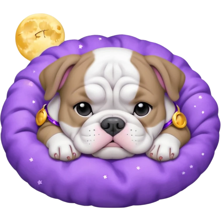 purple moon with a sleeping grey bull dog puppy with a purple collar emoji