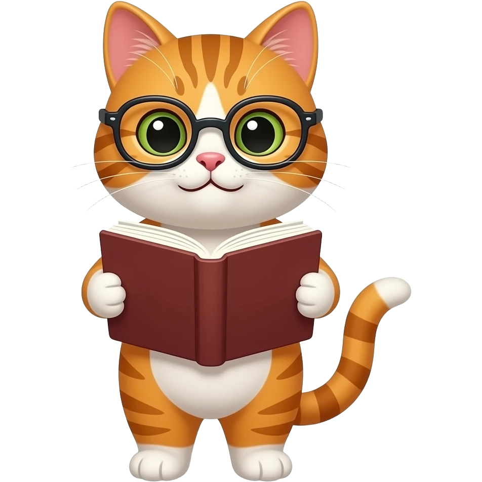 Orange and white cat with glasses reading book emoji