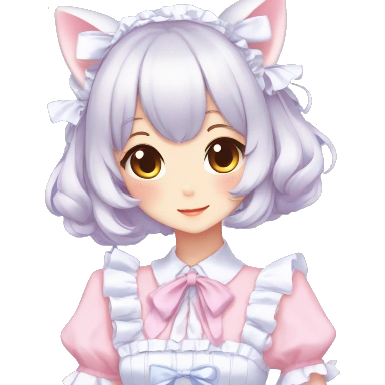 Gorgeous anime style catgirl blushing face maid outfit Lolita idol model colorful shiny sparkle kawaii pastelcore cottagecore pearly petite simplistic aesthetic trending style emoji