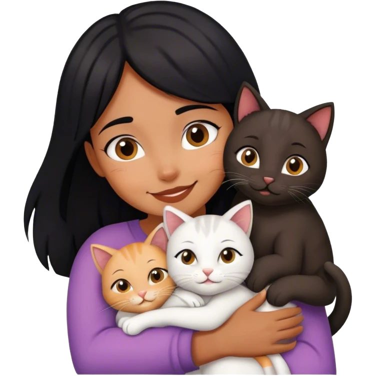 happy black haired girl hugging three cats   emoji