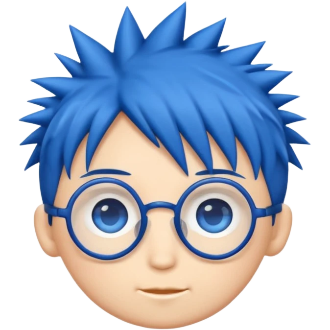 emoji style illustration of a chibi head inspired by
1,
big blue eyes, round glasses,
spiky dark blue hair,
cute flat emoji style,
simple clean lines,
white background,
high quality,
only head, no body emoji