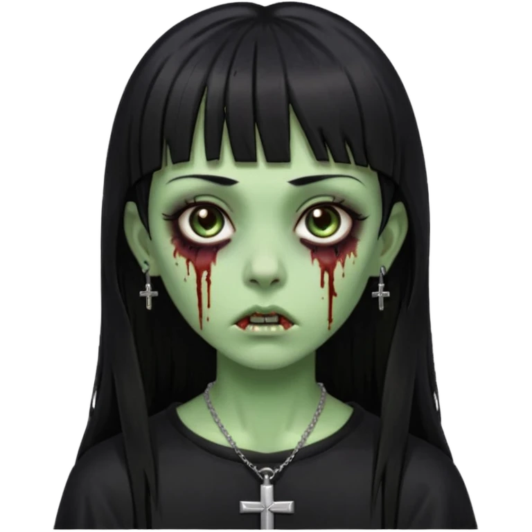 Zumbi verde com olhos castanhos aspecto de que tá sangrando, uma franja reta com cabelo preto um piercing do lado esquerdo do nariz, roupa preta e crucifixo como colar, e também delineador emoji