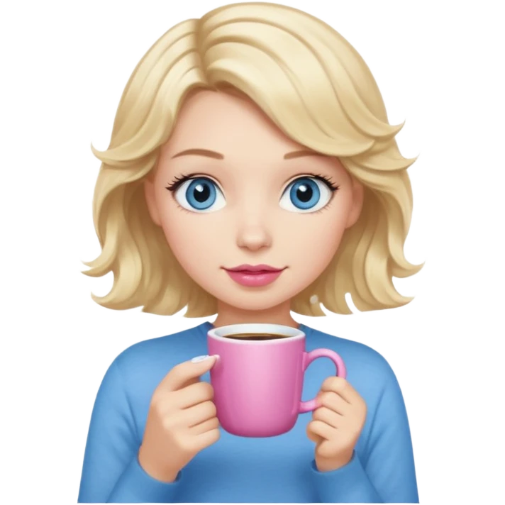 Girl Blonde short wavy hair,  blue eyes, cute blue top, long lashes, pink lips, holding white hot coffee mug emoji