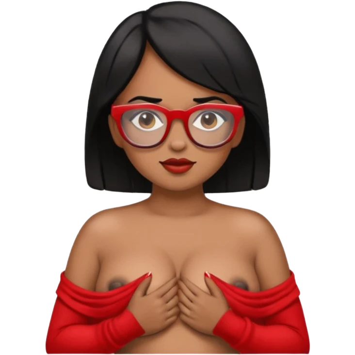 Topless shrug, black hair, red glasses, brown skin, bigger areola  emoji