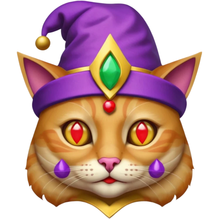 crazy colorful cute little cat jolly joker from poker, medieval, vintage, court jester, mac os icon, purple, gold and red color, half body. Squared shape as 3D mac os icon, symmetrical emoji