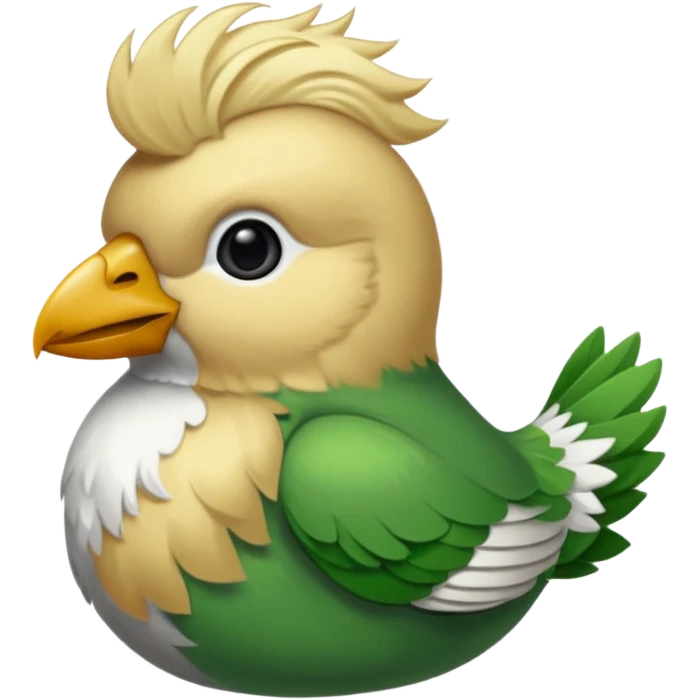 un oiseau classique de profil tout vert même sa tête  et un seul poil blond qui fait une petite bouclette sur le front avec le collier argenté avec des ronds attachés au collier est autour du coup de l’oiseau entre la tête et le corps emoji