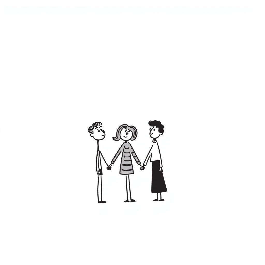 three stick figures holding hands, simple doodle style emoji