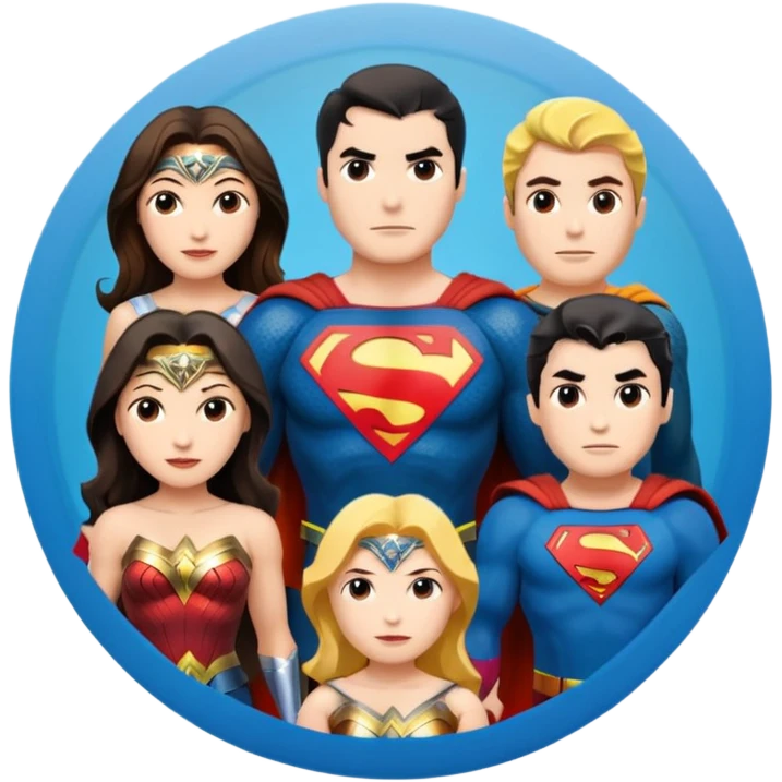 Justice League Flash, Wonder Woman, Superman, Aquaman, and Batman standing in a circle in emoji style emoji