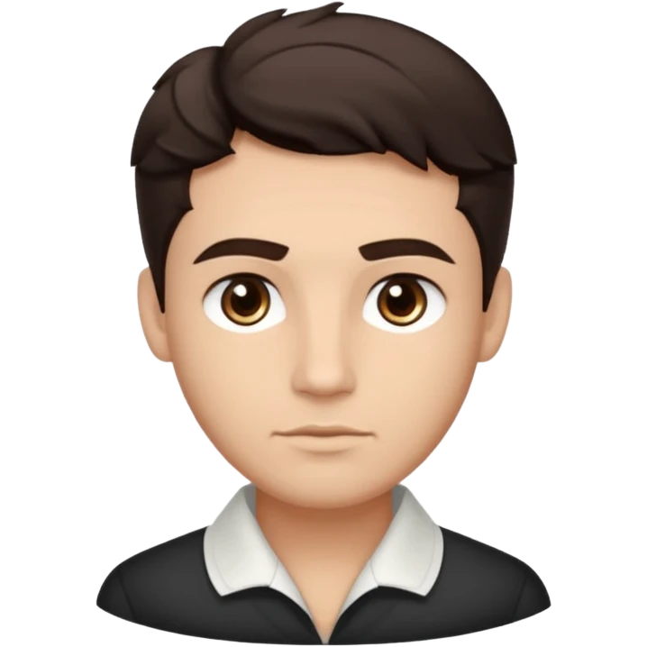 He’s a man with light to medium skin, a defined oval face, full brows, deep-set eyes, and wavy short dark brown hair styled with height, sides are trimmed. expression calm and focused relaxed black open-collar .polished, articulate, and trainer vibe. emoji