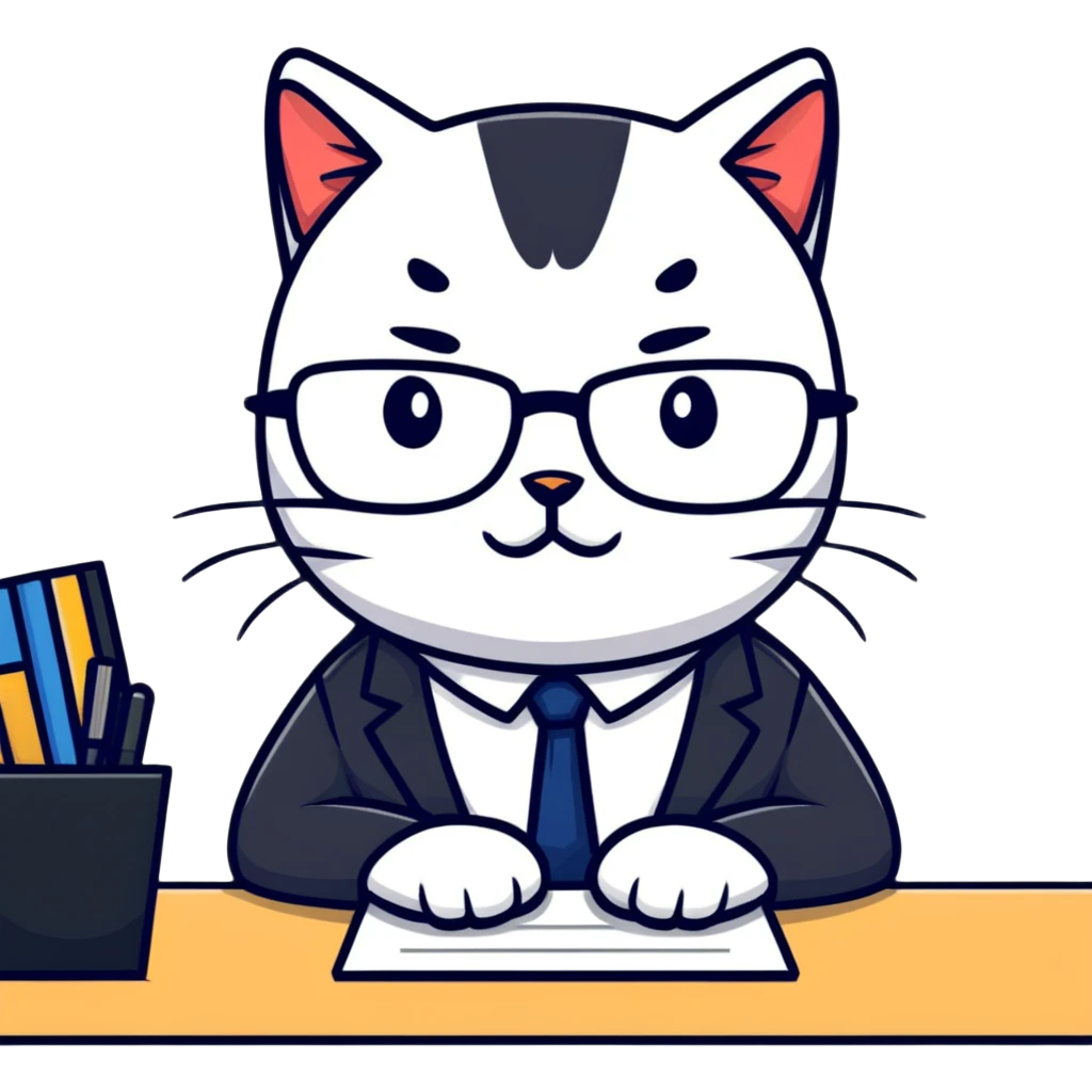 cat wearing glasses and business suit, sitting at office desk looking important emoji