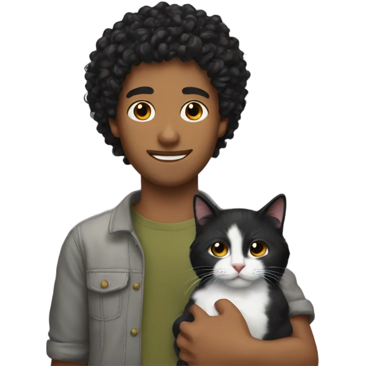 Guy with black curly hair holding a cat emoji
