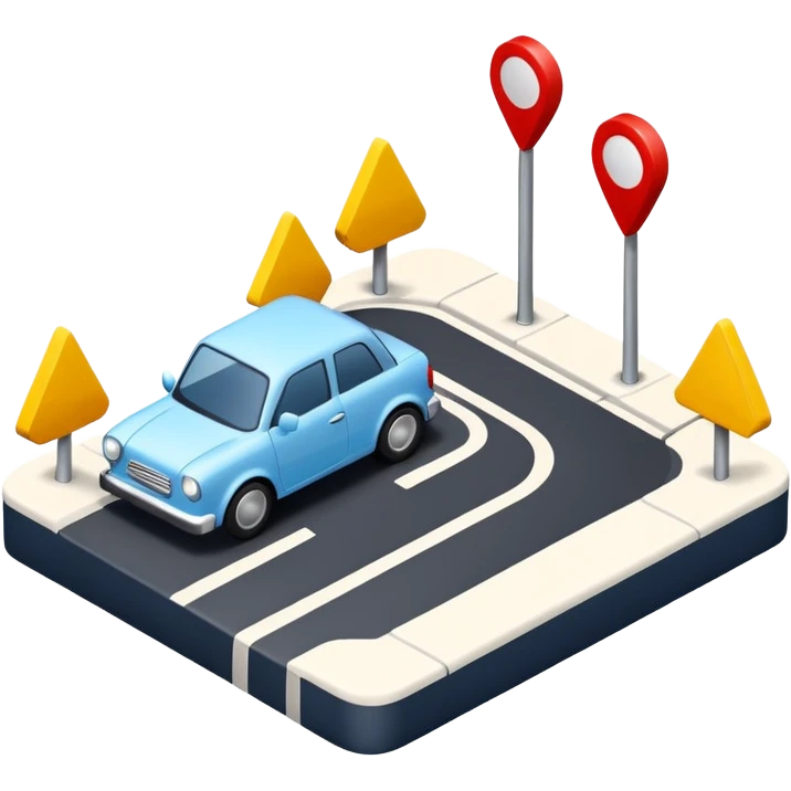 
A 3D minimal icon showing a street route to a destination, with a blue road, white and black vehicles, and small red accents for alerts. The style is clean, minimal 3D, with a transparent background. emoji