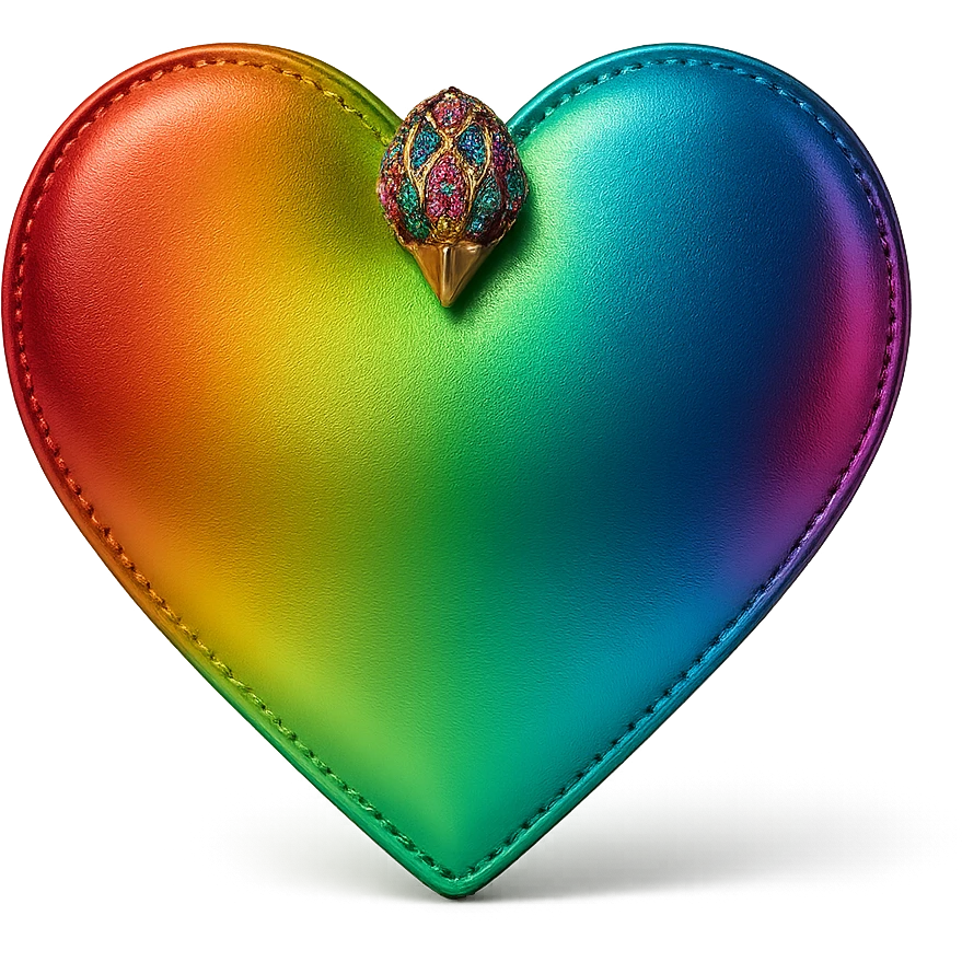 heart-shaped purse inspired by Kurt Geiger, bold rainbow gradient, metallic sheen, jeweled clasp, modern fashion-forward style emoji
