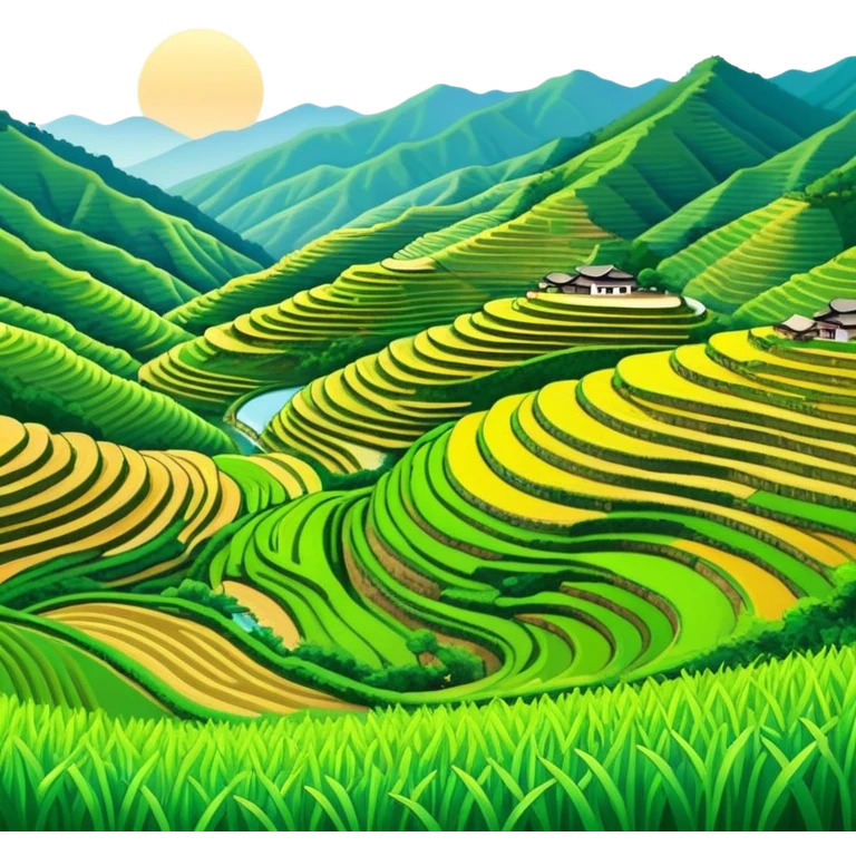Longji Rice Terraces Guangxi curved farming terraces, simplified emoji style with bold outlines and bright colors, cartoon style layered green fields on mountain emoji