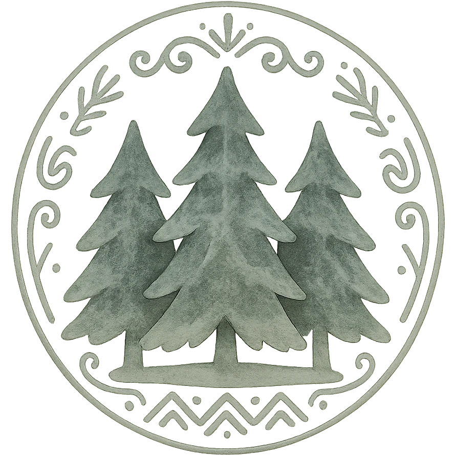 logo illustration of evergreen trees in Slavic folk art style, dark neutral forest color tones, watercolor texture with outlines, suitable for favicon emoji