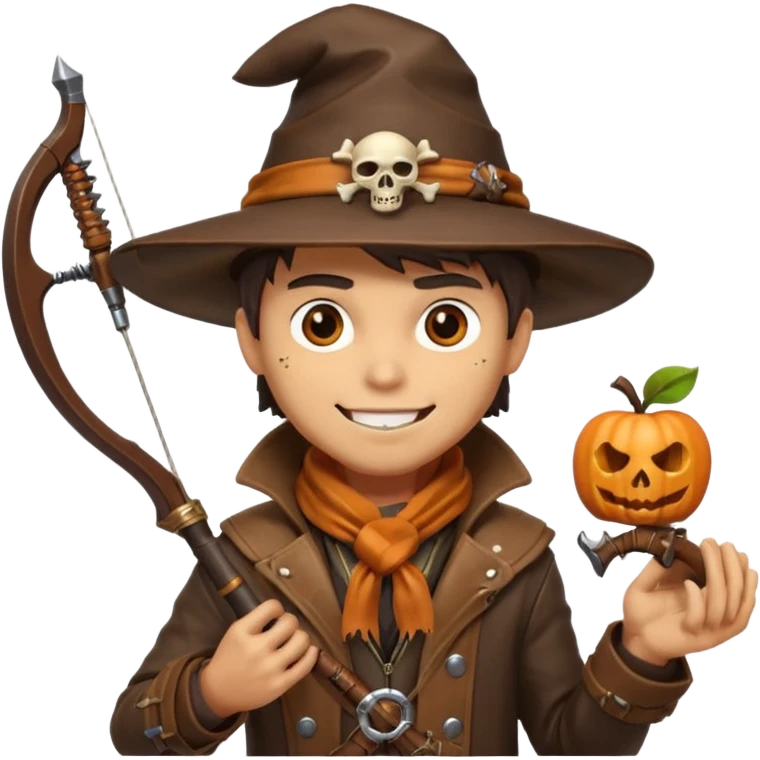 male human monster hunter emoji, wearing brown leather coat and wide hat, holding crossbow, with amulet shaped like skull, Halloween fantasy theme, confident smile, orange scarf, Apple emoji style, clean white background, square image emoji