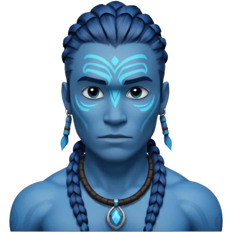 avatar-style Na’vi male portrait, head and shoulders only, blue skin, bioluminescent markings, strong face features, braided hair, tribal necklace, heroic expression, 3D cartoon, mobile game icon style, clean background, no text, no watermark
 emoji