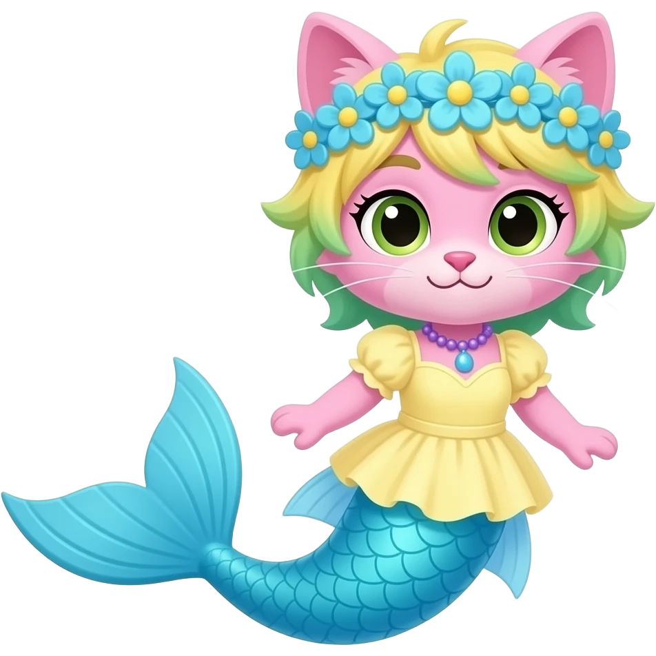 cartoon Male pink anthro cat  with yellow and green hair blue flower crown with light purple necklace  light yellow dress attached to cyan  and light blue mermaid tail with dark blue fins emoji