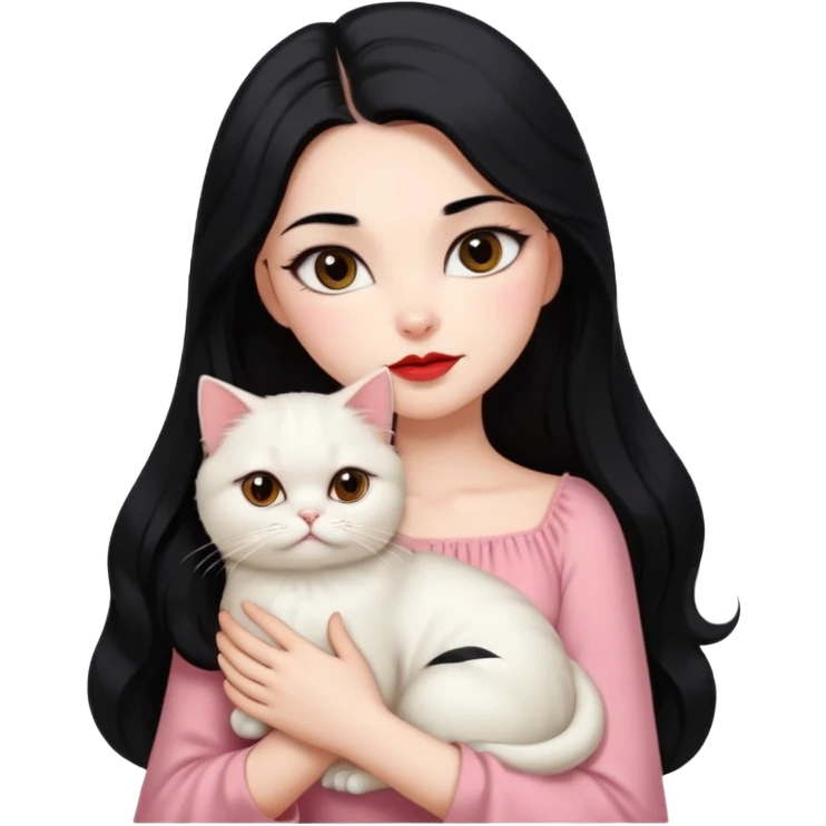 Beautiful Girl Long Hair black, Brows Big , Skin White, Dress Pale Pink , Big Red Lips, EyesCoffe , Hug Little baby Persa Cream Cat With Cute Eyes emoji