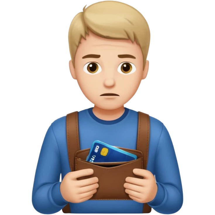 A young guy looks at his empty wallet. emoji
