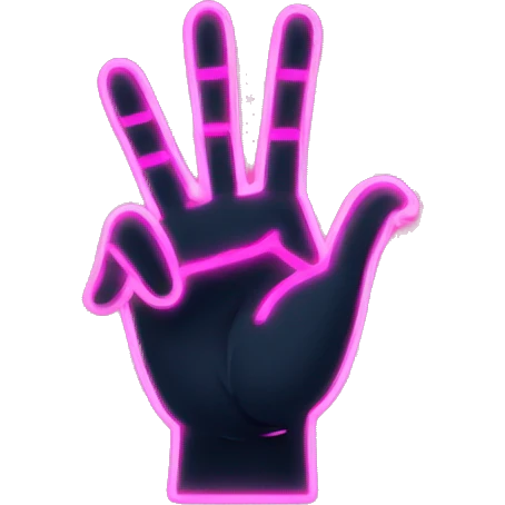 Create a minimalist emoji-style hand with a pink neon outline, similar to a peace sign hand but with three fingers raised. The hand should be simple, cartoonish, and have a soft glow to the pink outline against a dark background. emoji