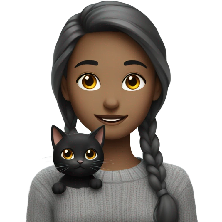 smiling girl in grey sweater with black cat emoji