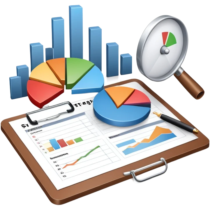 An icon featuring a pie chart, a megaphone, and a clipboard with strategy plans, symbolizing management and marketing. The design includes upward-trending graphs set against a modern office backdrop. Transparent background emphasizes business strategy and communication. emoji