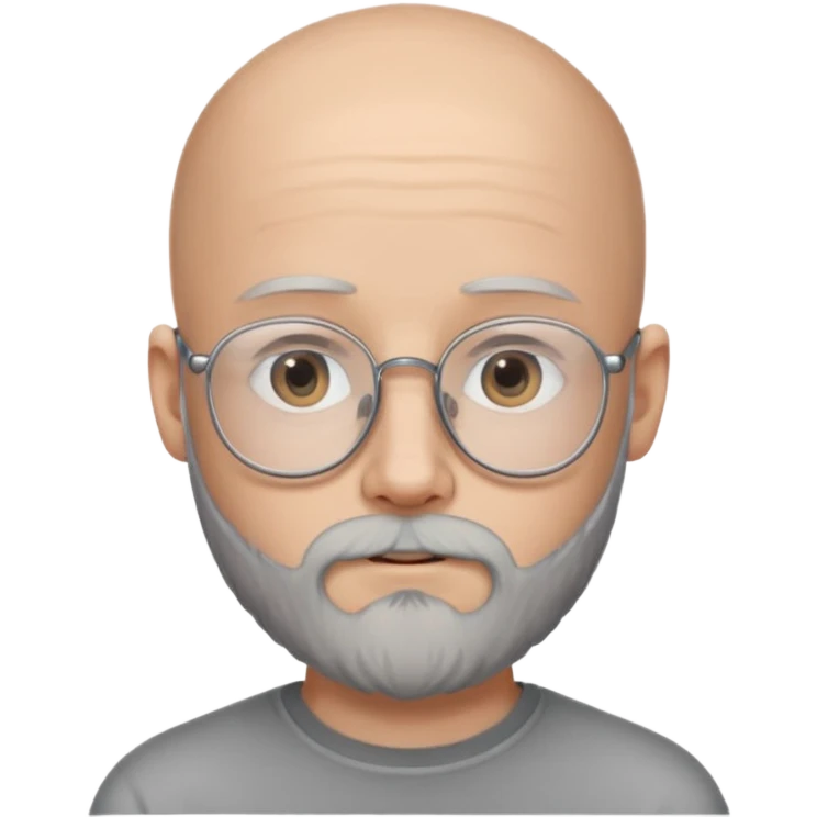A young guy of 18 years old, bald, with a thick beard and very thin glasses. He has gray eyes and looks like a child, despite his age. emoji