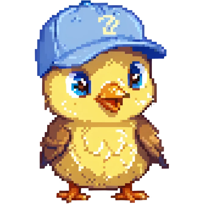 A baby chick looking surprised, pixel art style, with a blue baseball cap emoji