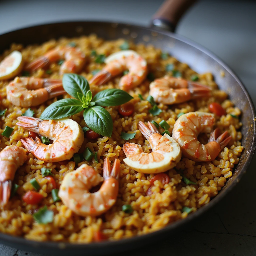 realistic paella, vibrant Spanish rice dish with seafood in a pan emoji