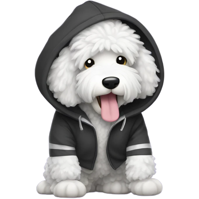 Sheepadoodle wearing a hoodie dancing  emoji