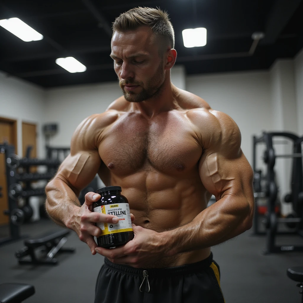 realistic image of a bodybuilder taking Citrulline and Nitrate supplements to promote vasodilation, visible muscles, supplement packages visible, gym atmosphere, realistic details emoji