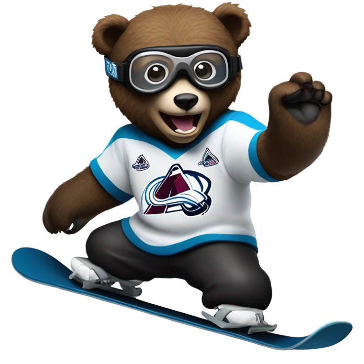 Bear on a snowboard in Colorado avalanche jersey doing hardcore tricks wearing black helmet and goggles emoji
