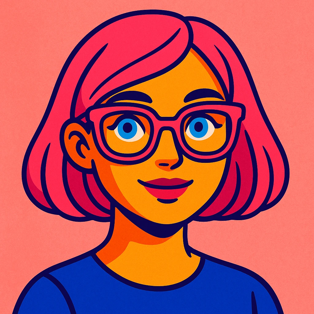 Make her look younger, no fringe on the pink bob haircut, add pink glasses and blue eyes, keep pink salt background, vibrant toon style emoji