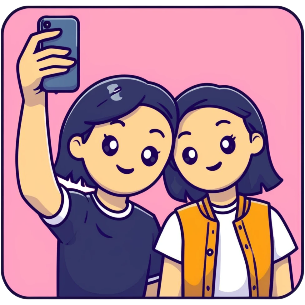 Two best friends taking a selfie together with Instagram frame, holding a phone, Instagram worthy emoji