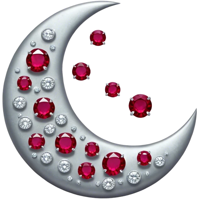 A glowing half-moon illuminates scattered rubies, blending lunar silver with deep crimson. The gemstones shimmer softly, creating a mystical and elegant scene. emoji