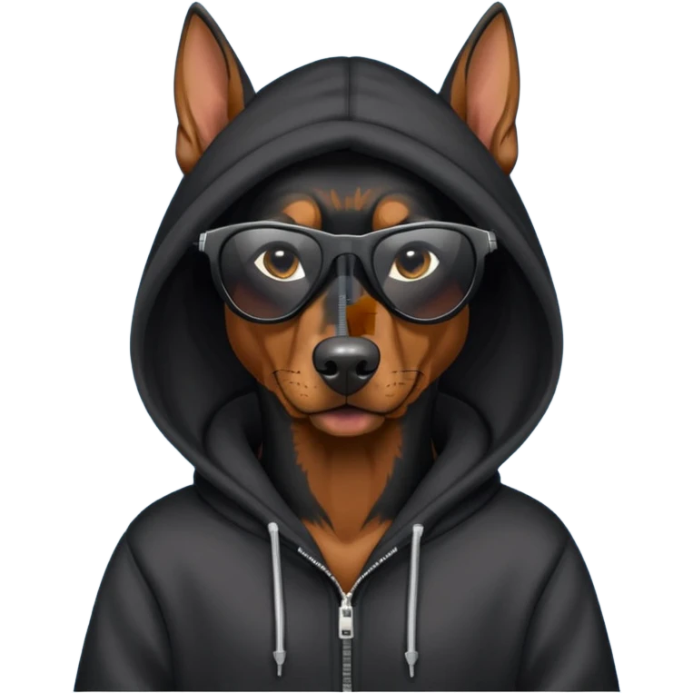 A Doberman wearing a hoodie and sunglasses  emoji