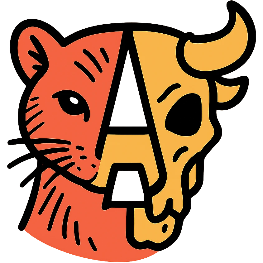 a red icon with minimal overall elements but high-detail line art, showing left half of stoat face with intricate fur lines and right half of minotaur skull with detailed bone texture and broken horn, letter A formed by negative space in the middle, plenty of empty space but the lines that exist are precise and detailed emoji