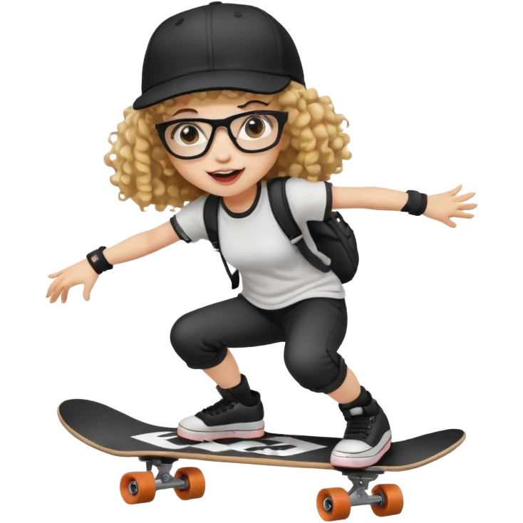 ["An excited girl with light skin, curly hair, wearing a baseball cap and square glasses, dressed in goth fashion, is skateboarding while holding a camera."] Pixal emoji