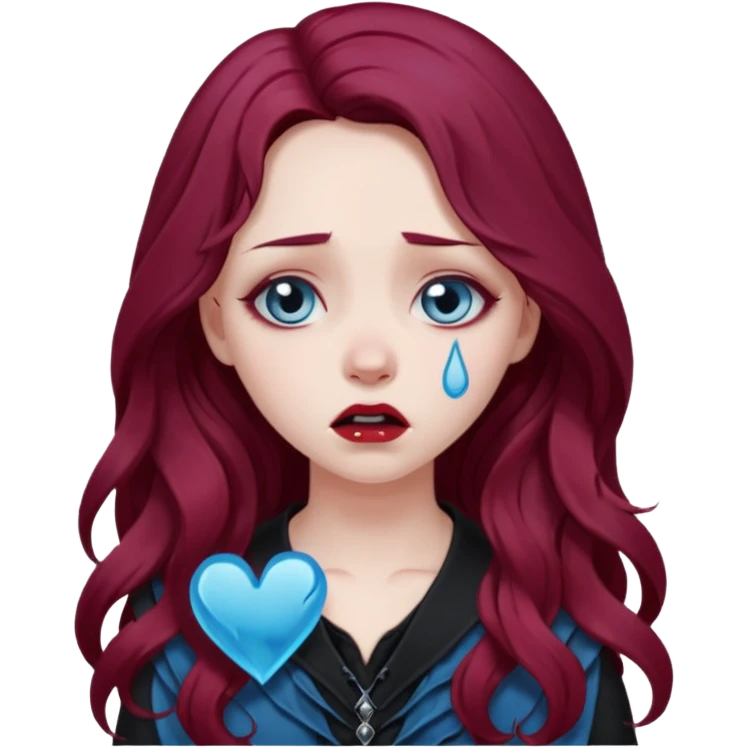 goth girl long burgundy wavy hair blue broken hearted sobbing emoji