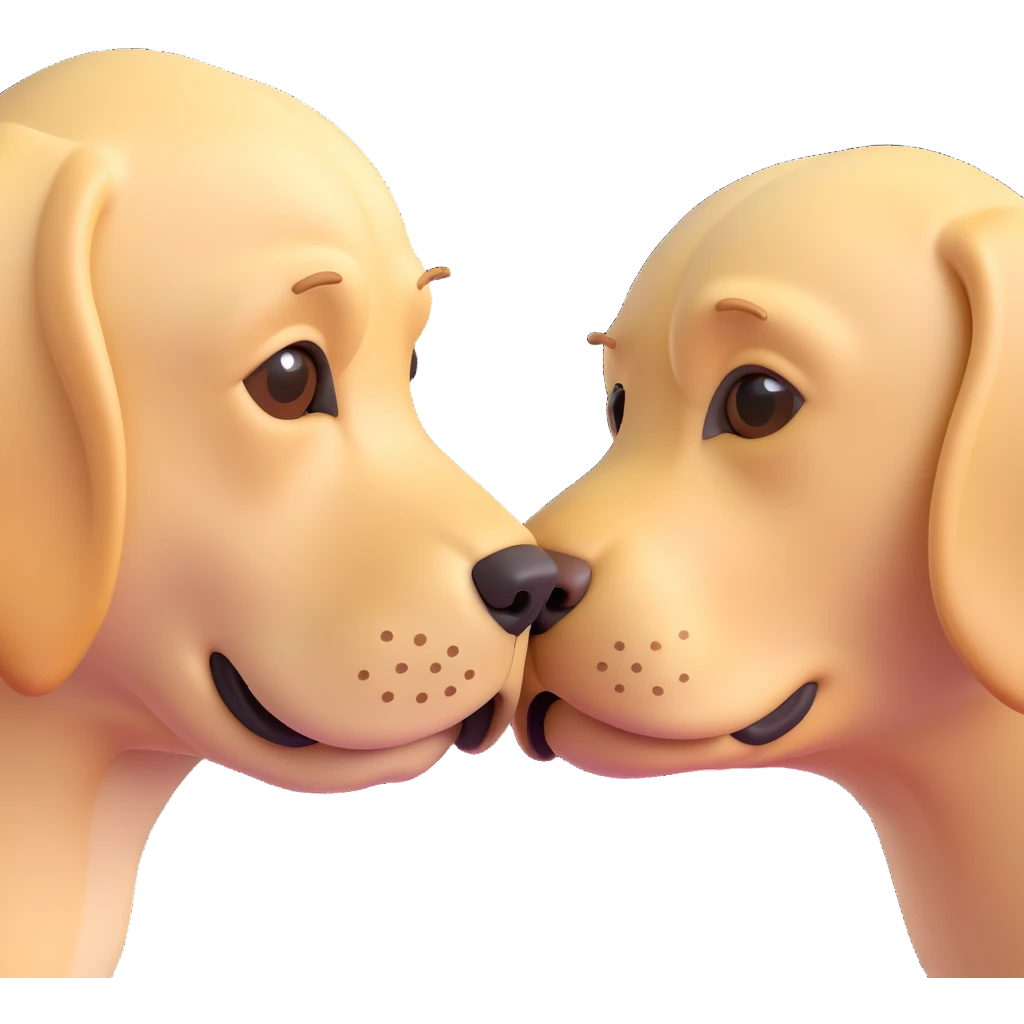 two blonde Labrador retrievers, touching noses as if kissing, 3D emoji style emoji