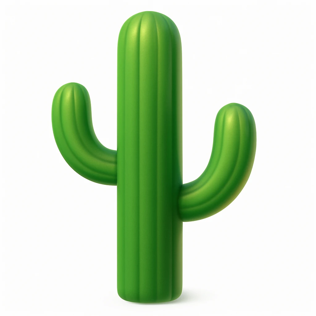 Create a cactus emoji that looks exactly like the reference image in iOS emoji style. The emoji should have 3D appearance, shiny surface, smooth gradients, soft shadows, and a realistic cactus shape with a classic emoji look. Add a subtle highlight to the cactus. emoji