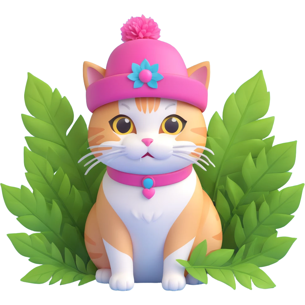 A cat with a pink hat and green leaves, light blue background emoji