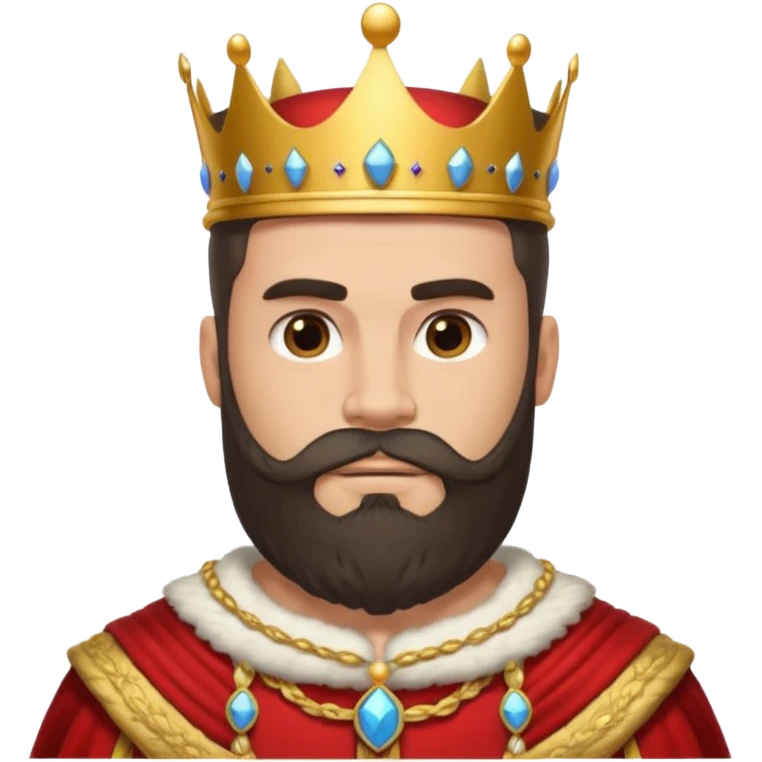 vull un perosnatge estil bimoji que sigui alt i fort amb una musculatura marcada i poderosa. Té una barba espessa i el cabell arriba fins a l'alçada del coll. Se'l representa amb la indumentària real i una corona al cap. emoji