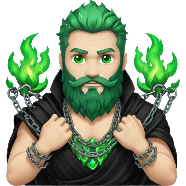 hades greek god with green flames and beard with chains on his arms and neck emoji