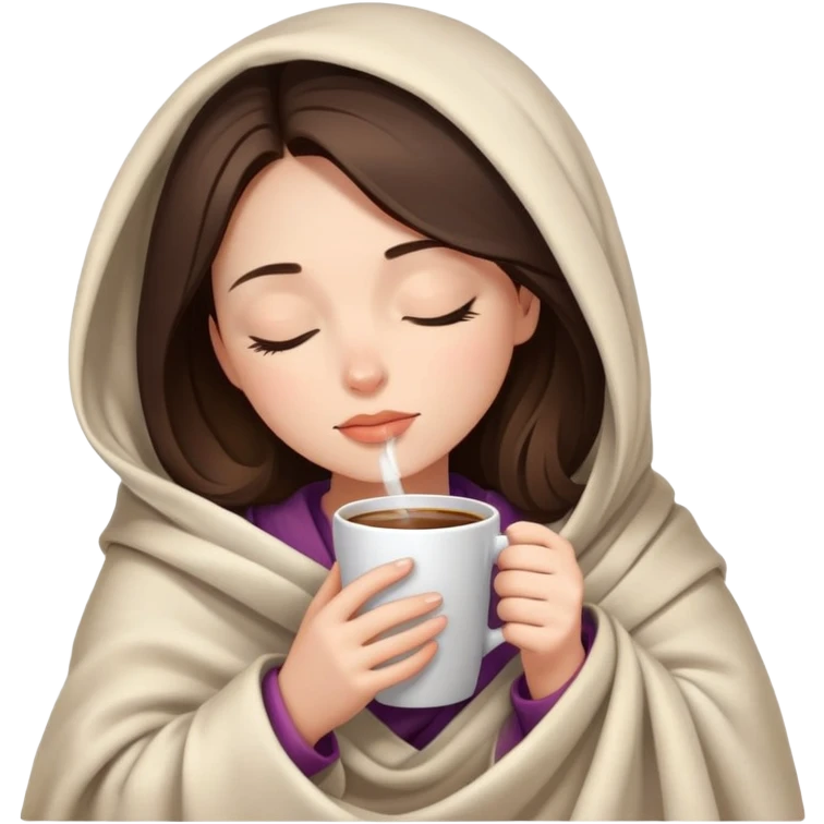 girl inside a blanket sipping coffee eyes closed, brunette with fair skin emoji