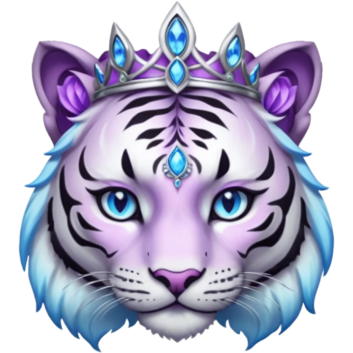 ESO Female white/black tiger khajiit leader of the umbral rose, glowing blue eyes, glowing blue 'third eye' gem; beautiful desined purple gemmed silver tiara emoji